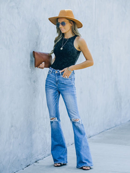 High Waist Ripped Step Hem Flare Jeans kakaclo