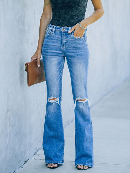 High Waist Ripped Step Hem Flare Jeans kakaclo
