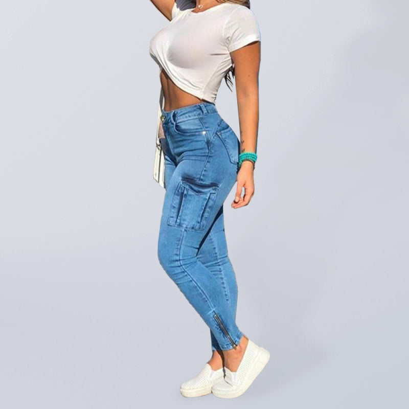 High Waist Cargo Skinny Zipper Ankle Jeans kakaclo