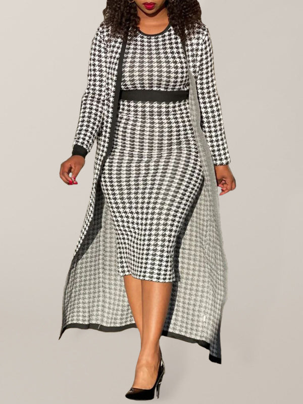 Houndstooth Print Dress Two-Piece Set kakaclo