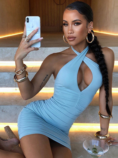 Solid Color Cross Pleated Sexy Ruched Dress kakaclo