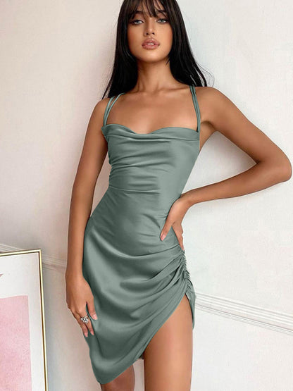 Hollow Back High Waist Strap Temperament Sling Slit Dress kakaclo