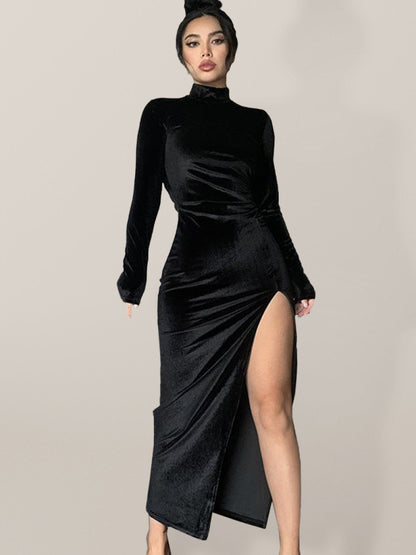 High-neck Long Velvet Dress Slim Sexy Pleated Slit Dress kakaclo