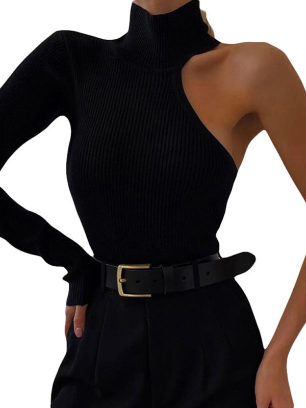 One Shoulder Long Sleeve Round Neck Slim Fit Solid Color Bodysuit kakaclo