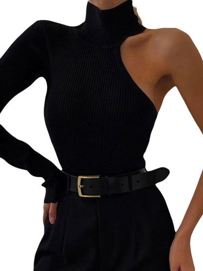One Shoulder Long Sleeve Round Neck Slim Fit Solid Color Bodysuit kakaclo