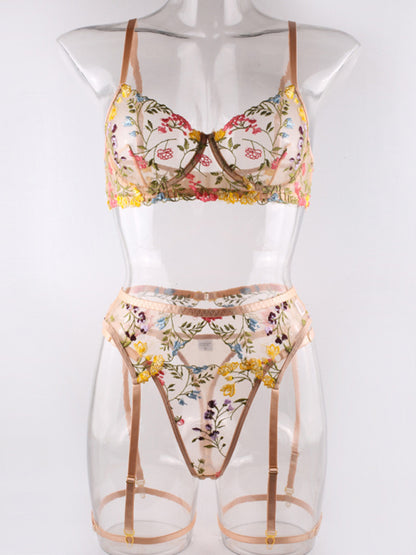Floral Bra Suspenders & Thong 3-Piece Lingerie Set