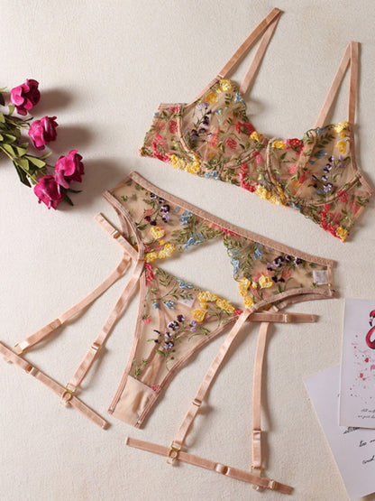 Floral Bra Suspenders & Thong 3-Piece Lingerie Set