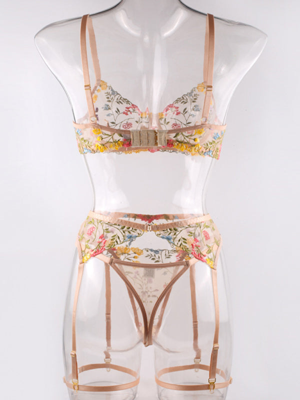 Floral Bra Suspenders & Thong 3-Piece Lingerie Set