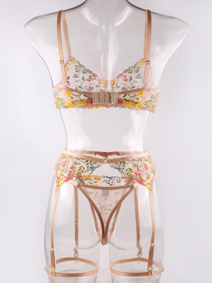 Floral Bra Suspenders & Thong 3-Piece Lingerie Set