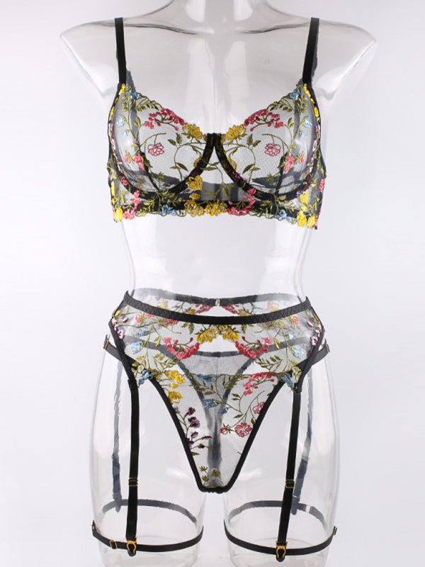 Floral Bra Suspenders & Thong 3-Piece Lingerie Set