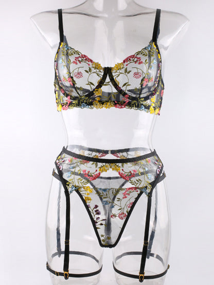 Floral Bra Suspenders & Thong 3-Piece Lingerie Set