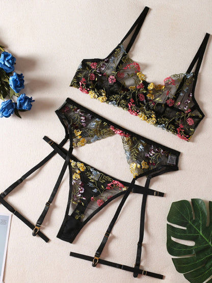 Floral Bra Suspenders & Thong 3-Piece Lingerie Set