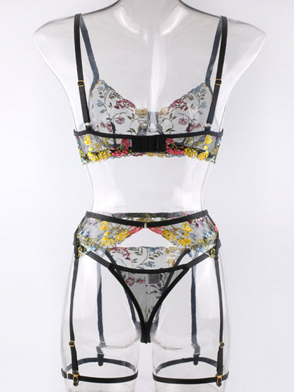 Floral Bra Suspenders & Thong 3-Piece Lingerie Set