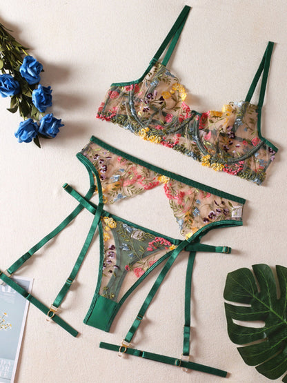 Floral Bra Suspenders & Thong 3-Piece Lingerie Set
