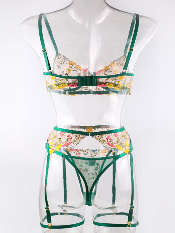 Floral Bra Suspenders & Thong 3-Piece Lingerie Set
