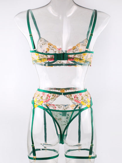 Floral Bra Suspenders & Thong 3-Piece Lingerie Set