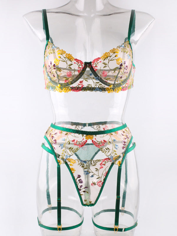 Floral Bra Suspenders & Thong 3-Piece Lingerie Set