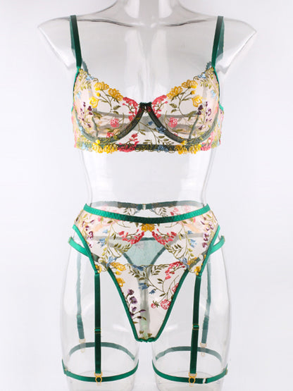 Floral Bra Suspenders & Thong 3-Piece Lingerie Set
