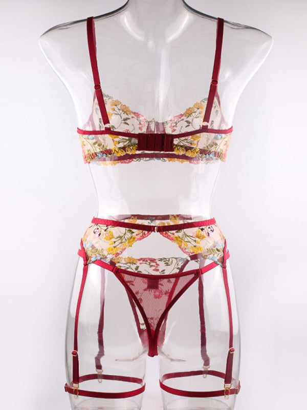 Floral Bra Suspenders & Thong 3-Piece Lingerie Set