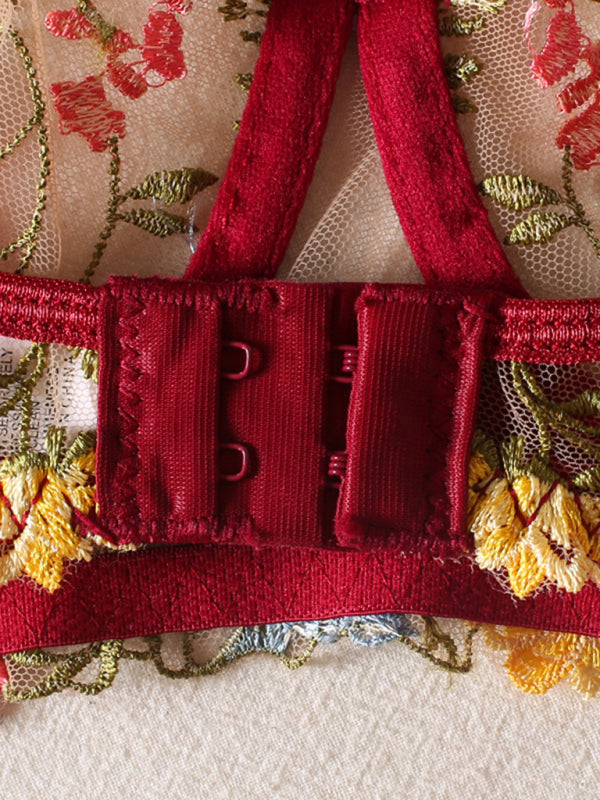 Floral Bra Suspenders & Thong 3-Piece Lingerie Set