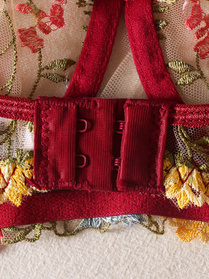 Floral Bra Suspenders & Thong 3-Piece Lingerie Set