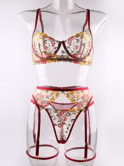 Floral Bra Suspenders & Thong 3-Piece Lingerie Set