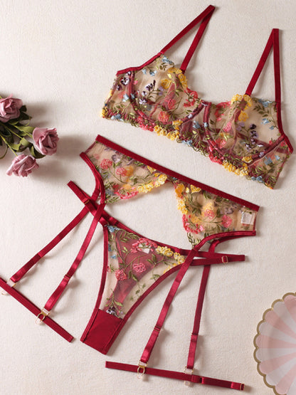Floral Bra Suspenders & Thong 3-Piece Lingerie Set