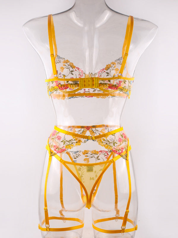 Floral Bra Suspenders & Thong 3-Piece Lingerie Set