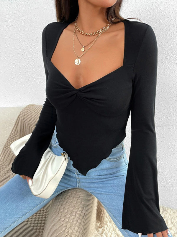 Knitted Sweetheart Collar Asymertic Long-sleeved Top kakaclo