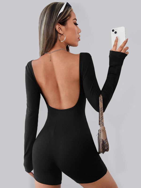 Knitted Sexy Open Back Long Sleeve Romper kakaclo