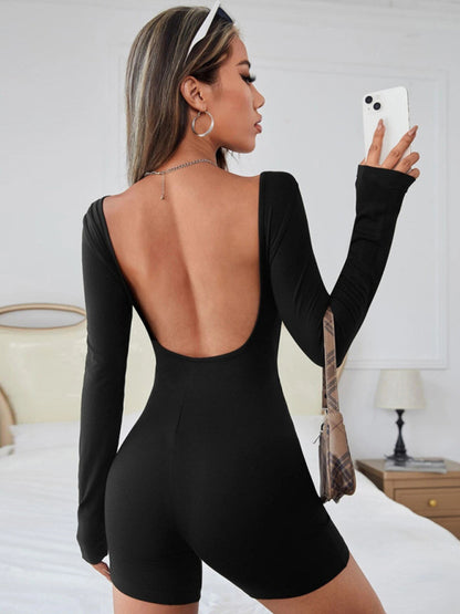 Knitted Sexy Open Back Long Sleeve Romper kakaclo