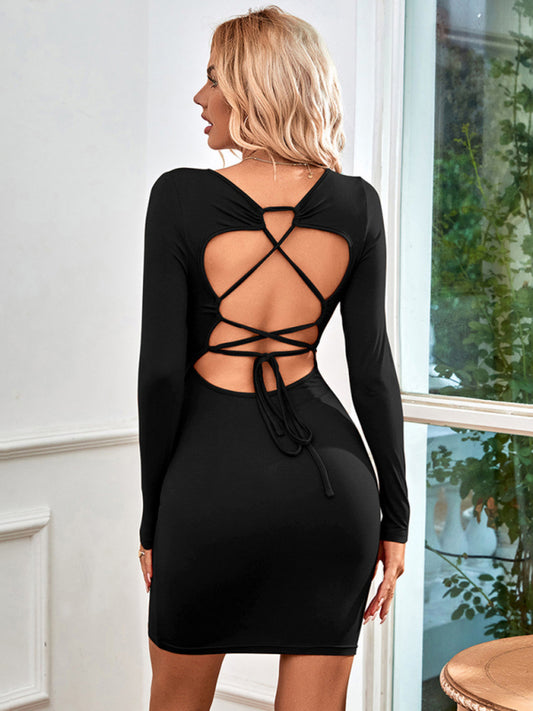 Knitted Square Neck Sexy Backless Tie Long Sleeve Dress kakaclo