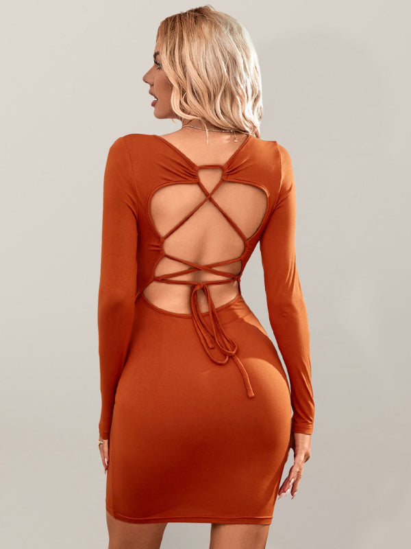 Knitted Square Neck Sexy Backless Tie Long Sleeve Dress kakaclo