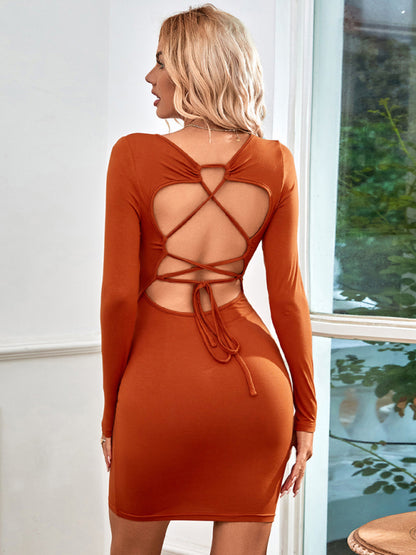 Knitted Square Neck Sexy Backless Tie Long Sleeve Dress kakaclo