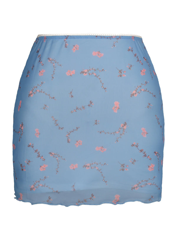 Printed Mesh Skirt High Waist Double Layer Skirt kakaclo