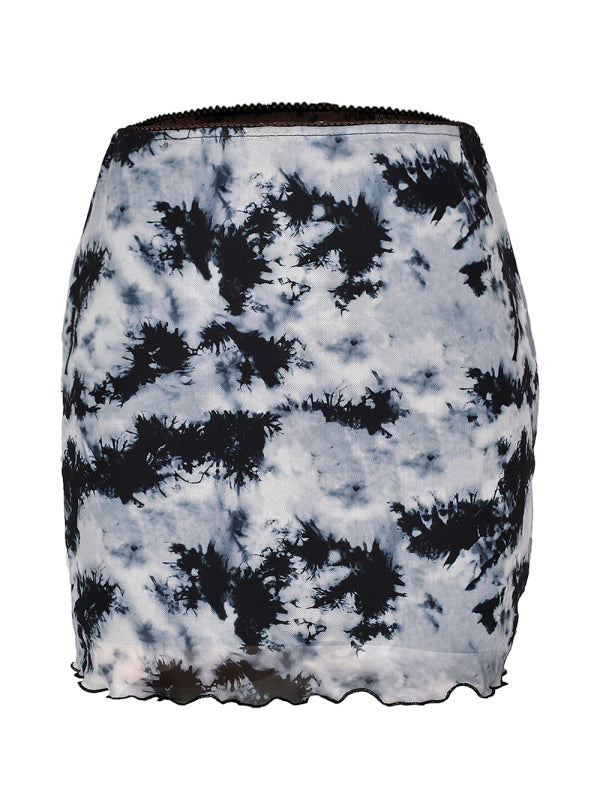 Printed Mesh Skirt High Waist Double Layer Skirt kakaclo