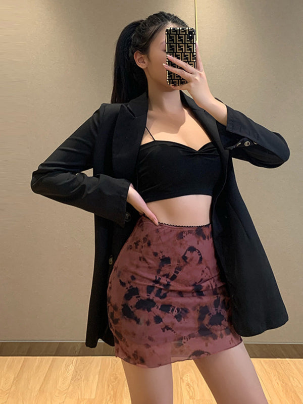 Printed Mesh Skirt High Waist Double Layer Skirt kakaclo