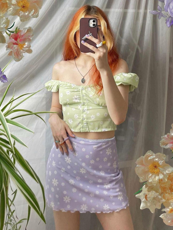 Printed Mesh Skirt High Waist Double Layer Skirt kakaclo