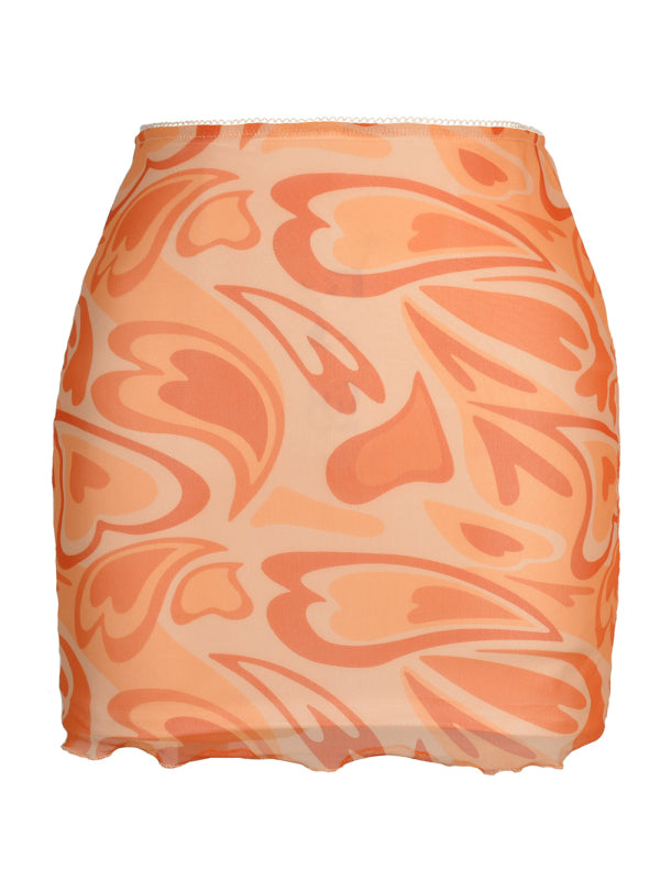 Printed Mesh Skirt High Waist Double Layer Skirt kakaclo