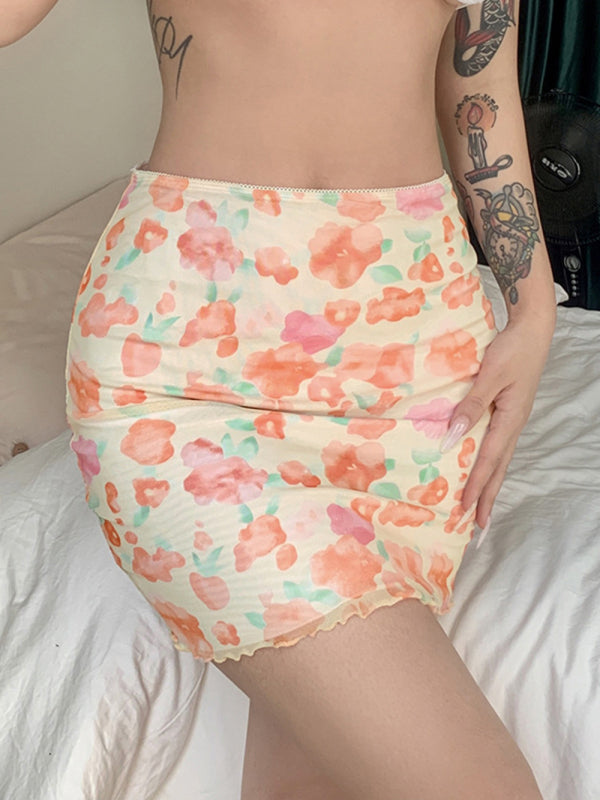 Printed Mesh Skirt High Waist Double Layer Skirt kakaclo