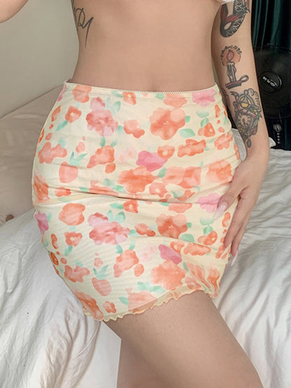 Printed Mesh Skirt High Waist Double Layer Skirt kakaclo