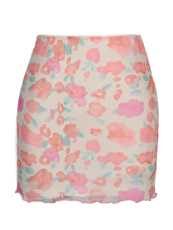 Printed Mesh Skirt High Waist Double Layer Skirt kakaclo