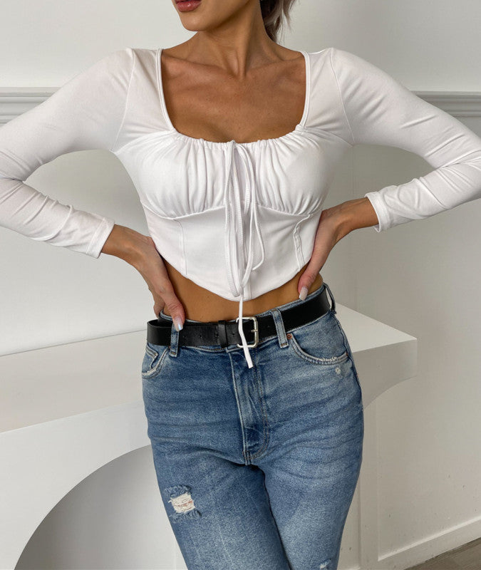 Drawstring Pleated Herringbone Square Neck Long Sleeve Top kakaclo