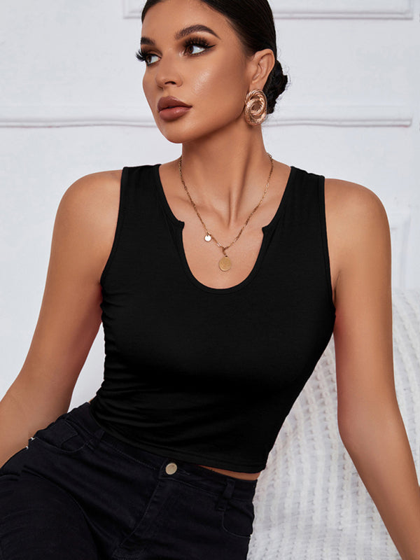 Solid Color Knit Y-neckline Cropped Henley Tank Top kakaclo