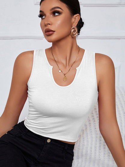 Solid Color Knit Y-neckline Cropped Henley Tank Top kakaclo