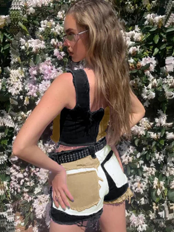 Ladies Color Block Denim Shorts kakaclo