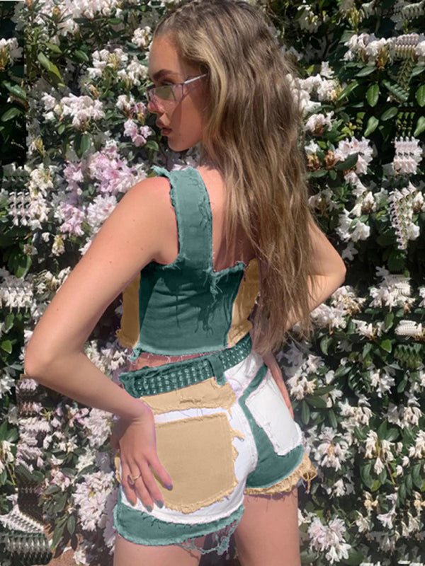 Ladies Color Block Denim Shorts kakaclo