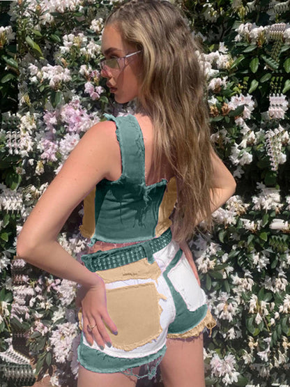 Ladies Color Block Denim Shorts kakaclo