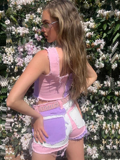 Ladies Color Block Denim Shorts kakaclo