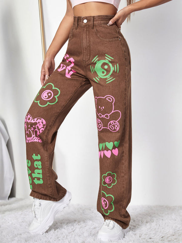 Graffiti Graphics On The Front Wide-leg Silhouette Jeans kakaclo